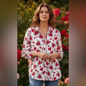 Lulumari Red and Black Heart Button Down Shirt